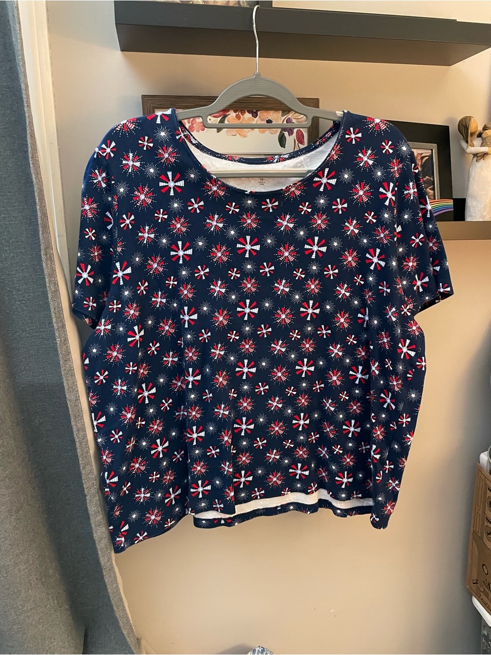 Rebecca Malone Navy Top with Red and White Firework Print